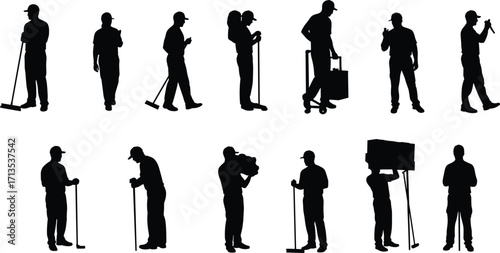 Silhouette workers vector illustration, people with tools and equipment, cleaning service, construction labor, teamwork concept, occupation posture design, professional job art