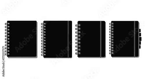 Four black spiral notebooks displayed individually against a vector