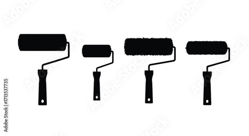 Four black paint rollers with handles in different sizes lined up vector