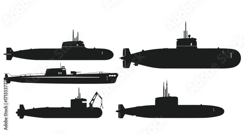 Collection of silhouette submarine icons military naval vessels underwater exploration technology vector