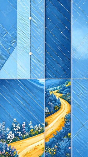 Digital art, blue and gold, various scenes