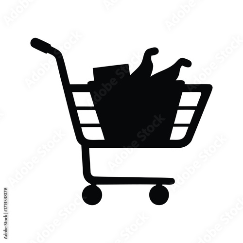 A monochrome grocery cart overflowing with a mystery grocery haul silhouette, shopping cart with clothing silhouette vector illustration