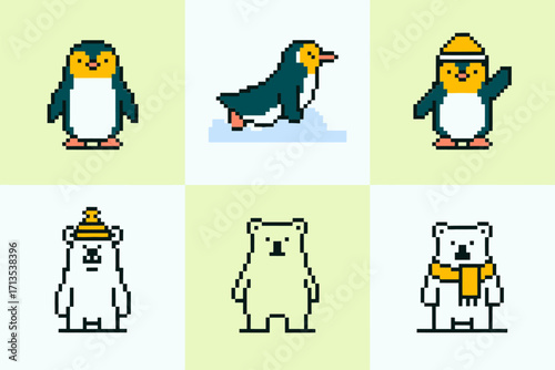 Pixel arctic animals, penguins sliding, polar bears wearing scarf and hat, winter scenes, simple layout, cute vector set