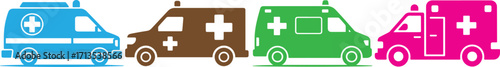 Colorful vector illustration of ambulance icons in blue, brown, green, and pink, emergency medical vehicle design for healthcare, hospital transport, and emergency service graphics