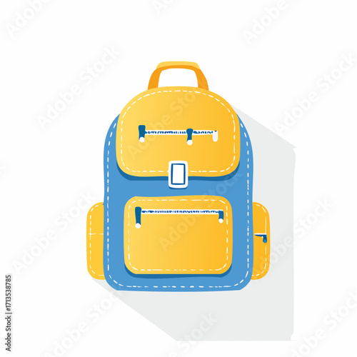 Vibrant blue and white cartoon backpack illustration with yellow handle front flap and side pockets flat design style.