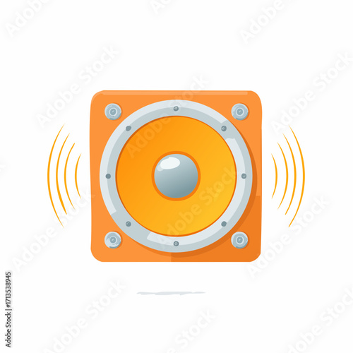 A vibrant orange square audio speaker with a white cone emitting stylized yellow sound waves.