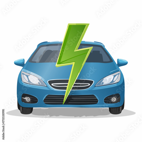 Stylized front view of a white and blue electric car with a green lightning bolt symbol.