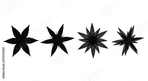 Four textured black starburst shapes with sharp points and irregular edges isolated vector