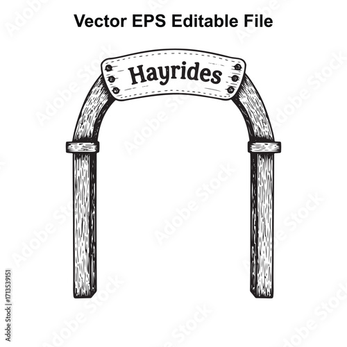 Vector art of rustic wooden archway with hayrides sign