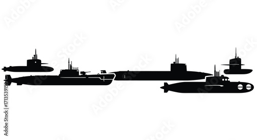 Collection of silhouette submarines sailing on the water surface representing naval power vector