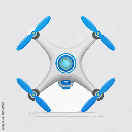 Sleek white quadcopter drone with vibrant blue propellers and a central camera shown in a flat vector style.