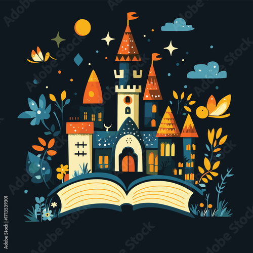 A whimsical logo for a children's book publisher, incorporating fantasy elements. , vector style simple color