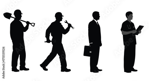 Diverse professionals silhouettes in a row showing different occupations and careers vector