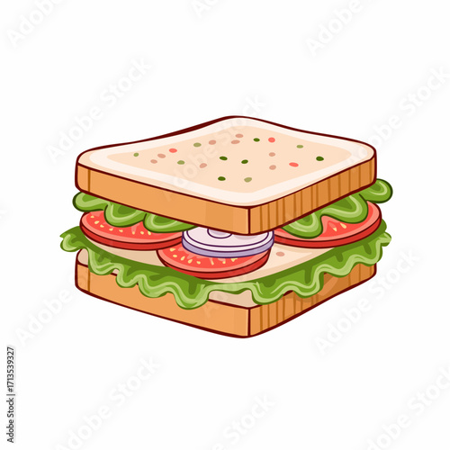 Cartoon Sandwich with Lettuce Tomato and Onion Slices Illustration.