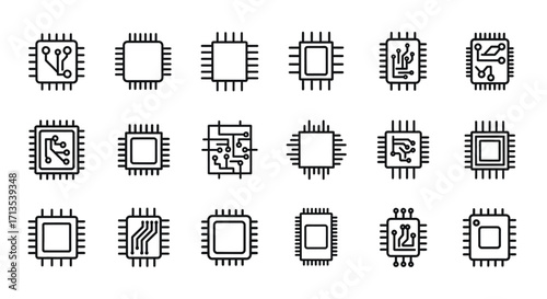 Diverse hand-drawn microchip icons representing modern technology and digital circuitry concepts vector