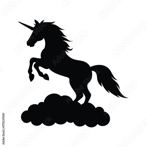 Silhouette of a Majestic Unicorn Rearing on Clouds, Evoking Fantasy and Magic, unicorn jumping over clouds silhouette vector illustration