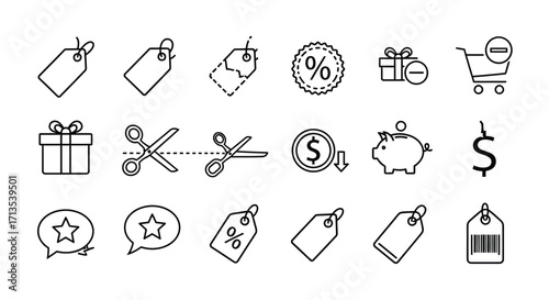 Collection of hand-drawn shopping and discount icons for retail and e-commerce promotions vector