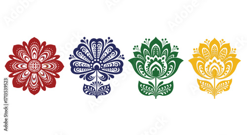 Vibrant collection of four intricate floral ornamental motifs isolated graphic elements vector