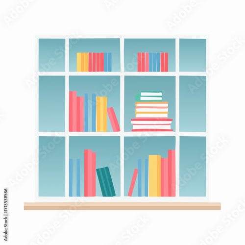 Colorful Flat Design Bookshelf Filled with Assorted Books.