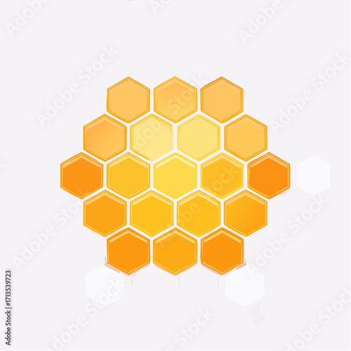 Vibrant yellow and orange glossy hexagonal cells forming a natural honeycomb pattern with some empty white spaces.