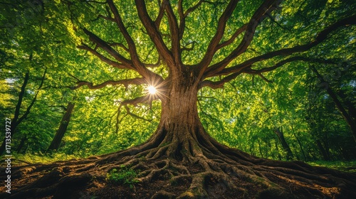 Majestic oak tree, sunlit forest, roots visible, nature scene, eco-friendly concept