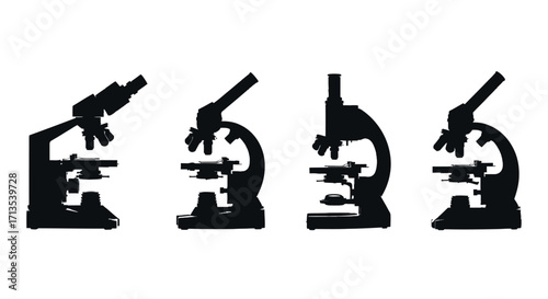 Collection of four detailed microscope silhouettes science laboratory equipment research magnification vector