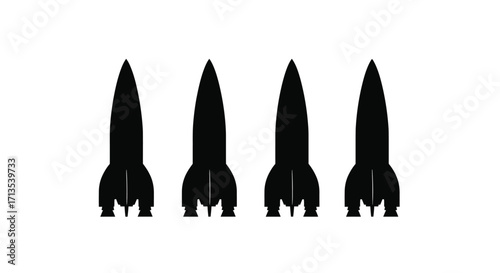 Four silhouetted retro space rockets ready for launch on white backdrop vector