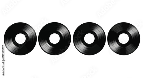 Four black vinyl records arranged horizontally on a vector