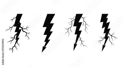 Four black lightning bolt symbols with jagged branches for power energy and stormy weather vector