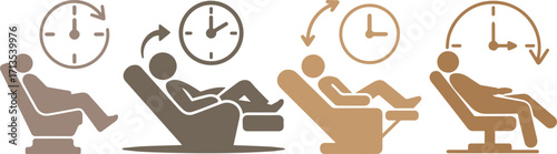 Vector illustration of people reclining on chairs with clock symbols, representing relaxation, rest time, therapy sessions, recovery, waiting room concepts, and comfortable seating design