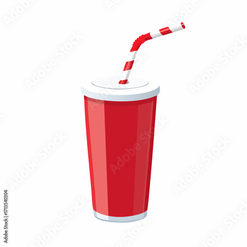 A tall red soda cup with a white lid and a red and white striped flexible straw.