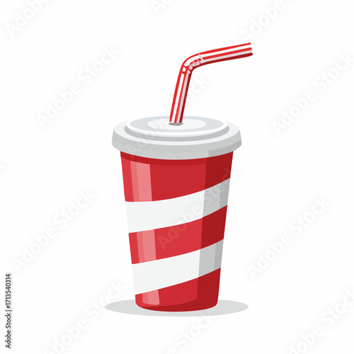 Red and white striped disposable soda cup with a white lid and bent straw vector illustration.