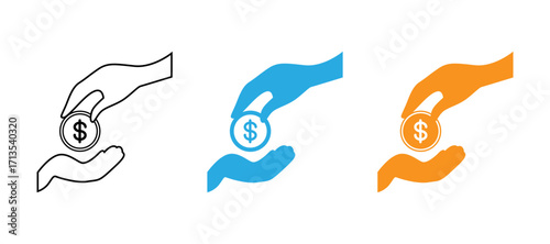 Simple, vector graphic icons of hands donating money.