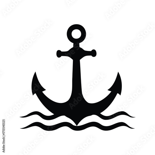 Nautical black anchor over the waves, symbolizing stability and resilience at sea, anchor on ocean waves silhouette vector illustration