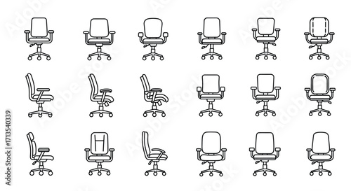 Collection of office swivel chairs in various hand drawn styles dynamic angles professional seating options vector