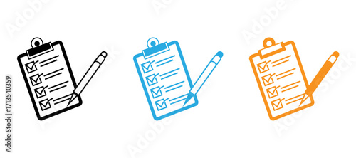 Simple, flat icons of checklists on clipboards in black, light blue, and orange.