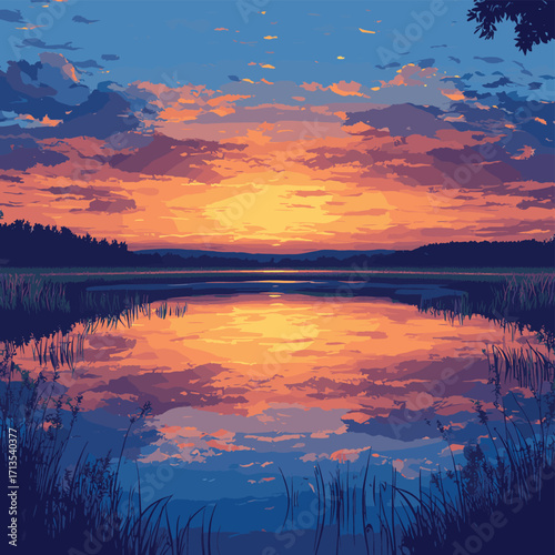 A breathtaking sunset reflecting off a calm pond surrounded by fields, creating a mirror image of the sky. , vector style simple color