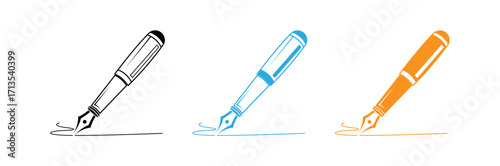 Simple, stylized illustration of three fountain pens in various colors (black, light blue, and orange) poised to write on a line.