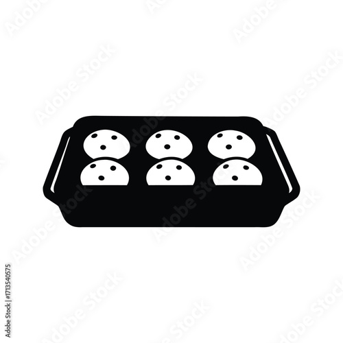 Six delicious chocolate chip cookies nestled in a tray ready to eat, baking tray with cookies silhouette vector illustration