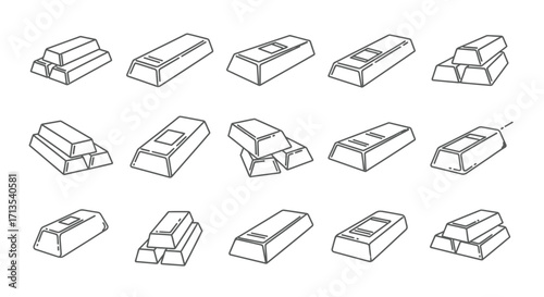 Hand drawn gold bars and ingots collection diverse angles artistic sketch style financial wealth vector