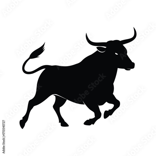 A bold black silhouette of a powerful bull charging forward with force, bull in rodeo silhouette vector illustration