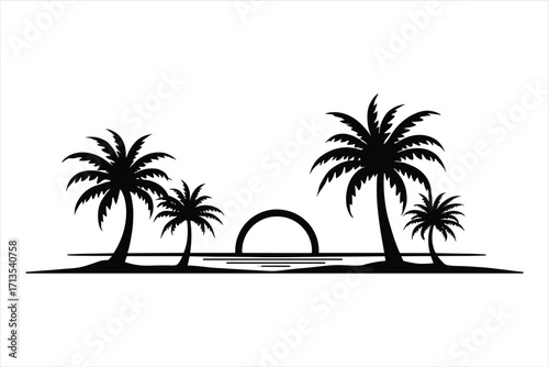 sunset palm trees on a beach, palm, tree, beach, summer, island, tropical, vector, sea, sun, silhouette, illustration, landscape, nature, ocean, sunset, travel, sky, paradise, coconut, holiday, palm t