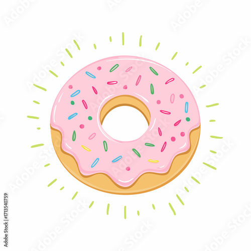 Cartoon Donut with Pink Frosting and Colorful Sprinkles Surrounded by Green Lines.