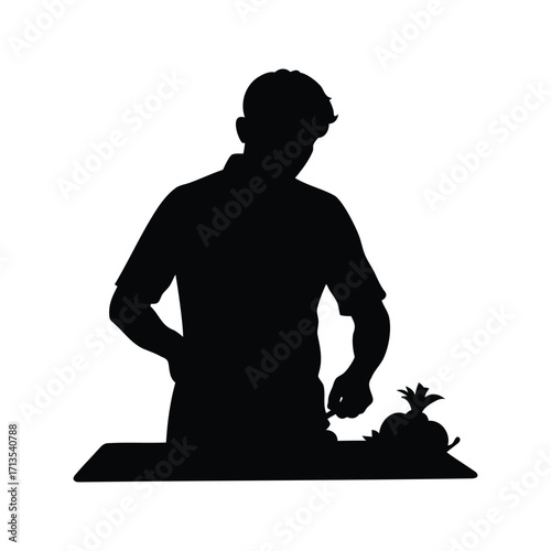 Silhouette of person preparing food on a table, likely a chef, chopping vegetables silhouette vector illustration