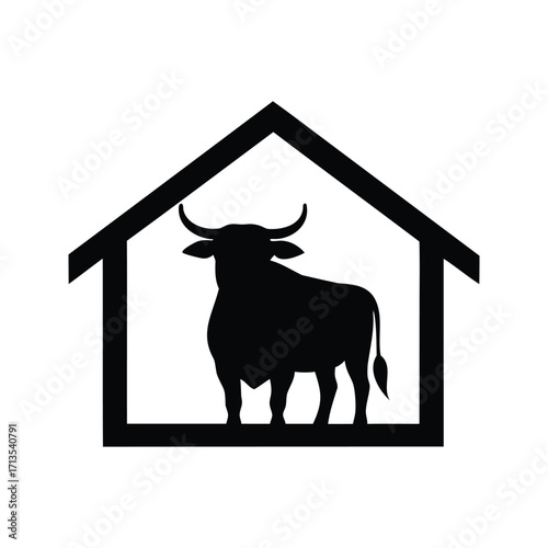 Black Silhouette of a Bull Inside a Symbolic House Structure Design, bull in the barn silhouette vector illustration