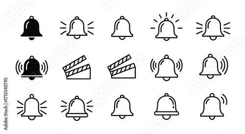 Collection of hand drawn bell and clapperboard icons symbolizing notifications and film production vector