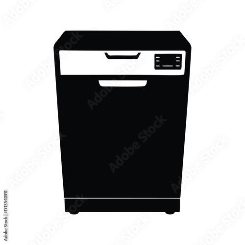 Isolated black and white illustration of a modern household dishwasher appliance, dishwasher silhouette vector illustration