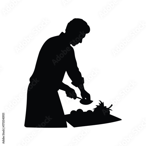 Silhouette of a chef preparing vegetables on a cutting board with a spoon, chopping vegetables silhouette vector illustration