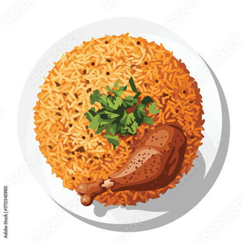 A delicious plate of chicken biryani with a garnished chicken leg and fresh herbs, ready to be savored