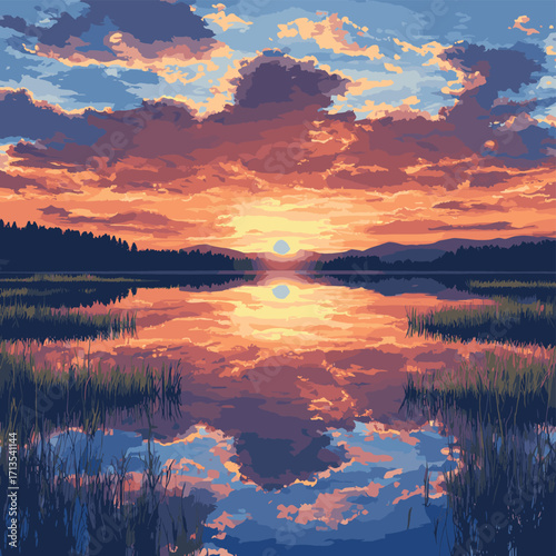 A breathtaking sunset reflecting off a calm pond surrounded by fields, creating a mirror image of the sky. , vector style simple color